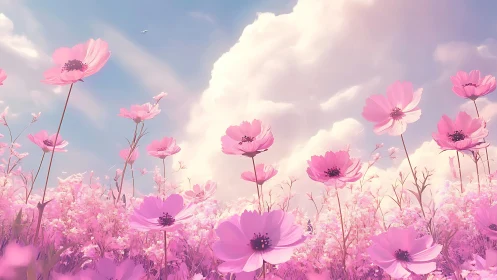 Pink cosmos field under partly cloudy sky with atmospheric perspective.