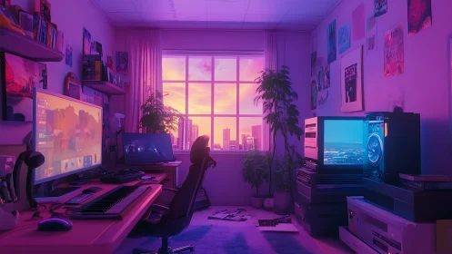 Neon lit digital studio bedroom with city sunset window view.