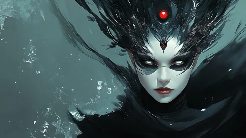 Midnight sorceress with obsidian crown and glowing omen.