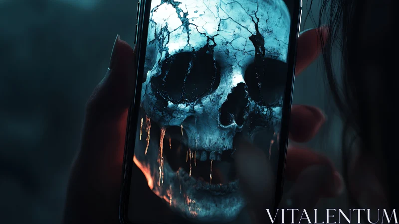 Cracked digital skull glows ominously on smartphone screen.
