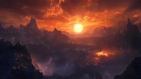 Volcanic valley under intense red sunset sky panorama.