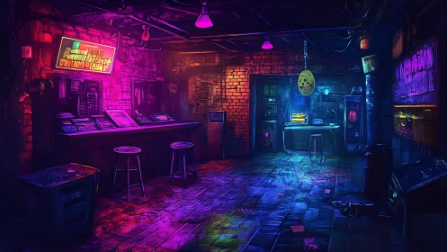 Neon-soaked hacker hideout glowing in rainbow shadows.