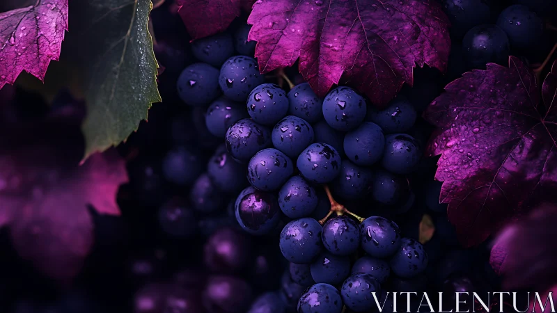 Midnight grapes glowing beneath jewel-toned vineyard leaves.