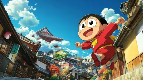 Joyful cartoon boy leaping above sunlit traditional street.