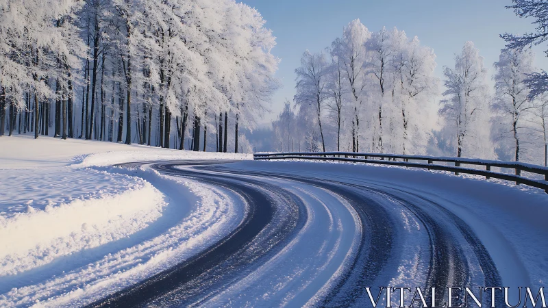 Sweeping winter road curving through frosted forest landscape.