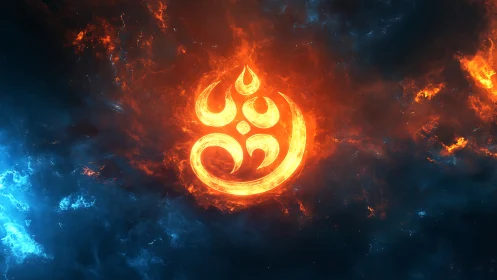 Fiery om symbol burns within cosmic blue orange nebula.