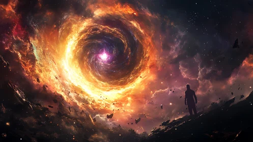 Human silhouette observing vast cosmic vortex in space.