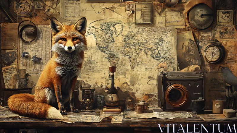 Curious fox explorer in a cozy vintage map-filled studio.