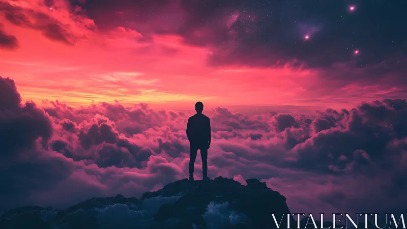 Silhouette on mountain peak under vivid pink cloud sky.