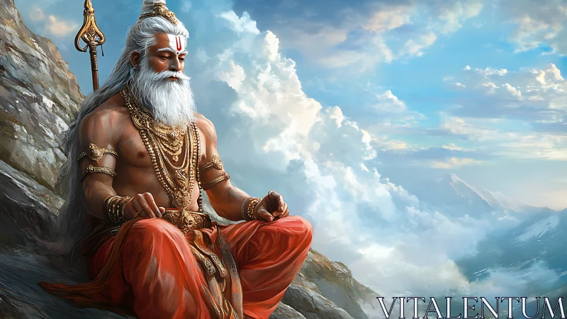 Old sage meditates on mountain ledge above distant clouds