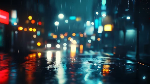 Rain-soaked city street with blurred traffic lights at night.