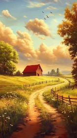 Country dirt road curving to barn under clouded sky.