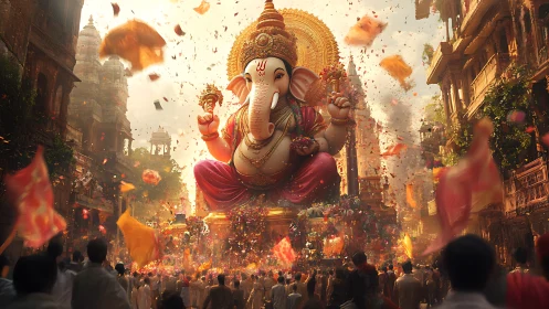 Large Ganesha idol suspended above dense urban procession.