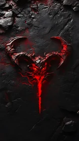 Demonic red sigil carved into cracked black stone wall.