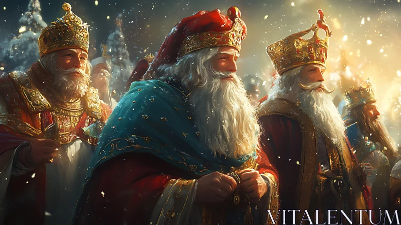Crowned winter kings stride through snowfall in golden splendor.