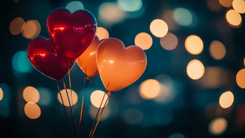 Heart-shaped balloons with bokeh light rendering demonstrating depth-of-field and chromatic separati