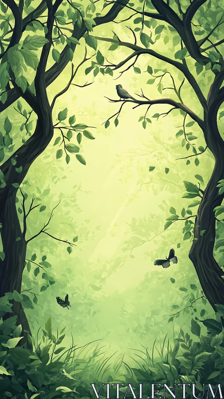 Forest canopy with silhouetted trees, bird perch, and butterflies
