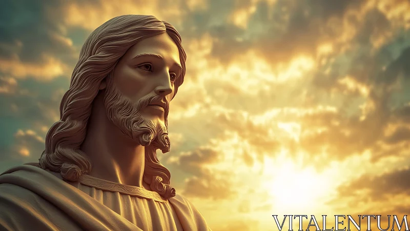 Digital sculpted Messiah bust under volumetric sunrise sky.