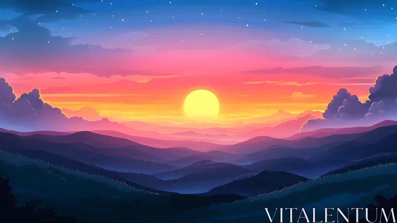 Stylized digital sunset over layered mountain ridges