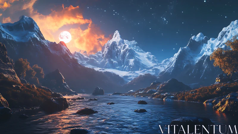 Luminous moonrise over glacial mountain river valley.