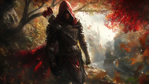 Hooded autumn ranger strides toward the mistbound castle.