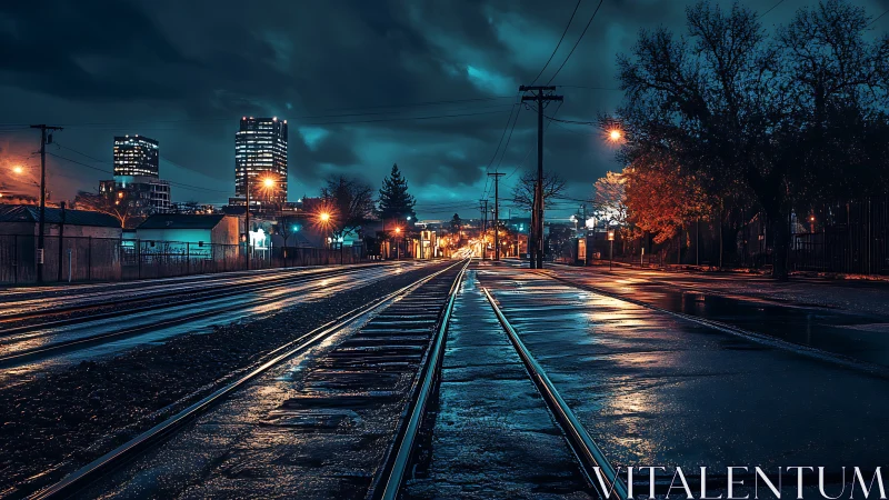 Rain-soaked urban rail lines under moody blue hour sky.