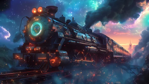 Celestial steam locomotive journeys through neon-lit skies.