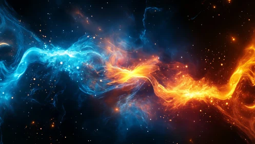 Celestial fire and ice streams colliding in radiant cosmic duel.