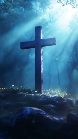 Stone cross stands in sunlit forest clearing amid blue haze
