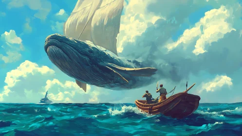 Sailing whale above ocean waves with wooden fishing boat.