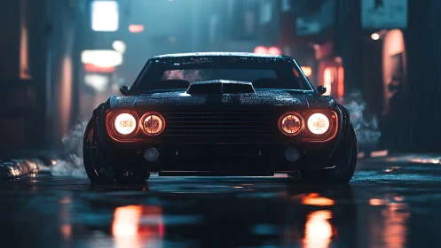 Low-angle view shows classic coupe idling on wet urban street