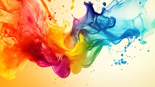 Vivid multicolor ink splash swirling across light background.