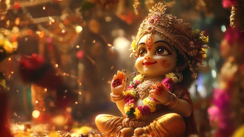 Joyful baby Krishna idol glows amid festive temple lights