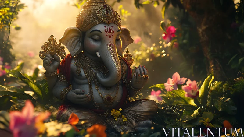 Garden dawn cradles a serene Ganesha in jeweled stillness