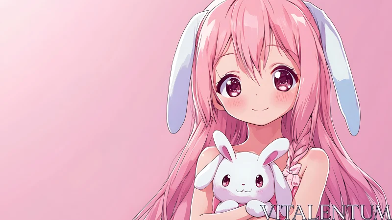 Pink haired anime girl hugs bunny plush in soft pastel glow