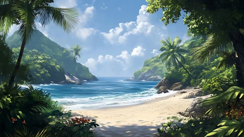 Tropical Cove Surrounded by Lush Vegetation and Rugged Cliffs.