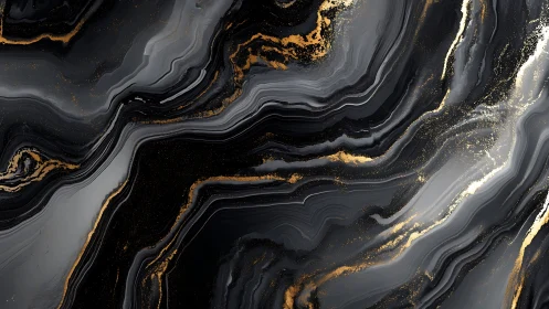 Black marble abstraction with molten gold flowing veins.