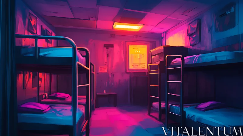 Neon lit bunk bed dorm room with empty metal frames.