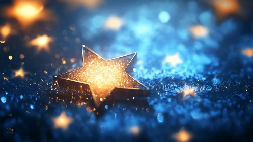 Golden glass star glows against defocused blue bokeh field