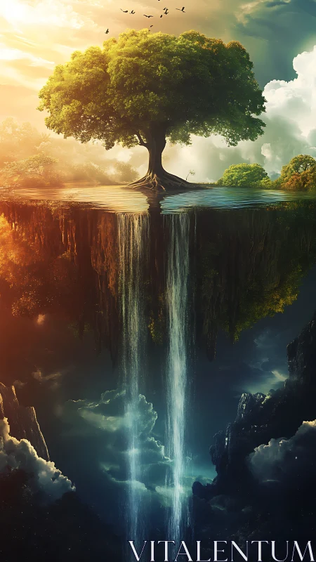 Floating life tree divides sunlit sky from mystic abyss.