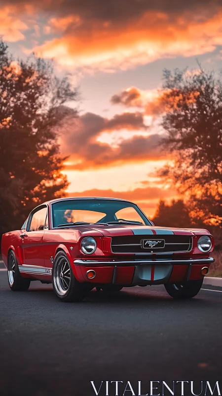 Classic red muscle car gleams beneath a vivid sunset sky.