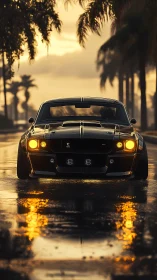 Classic black muscle car on wet palm-lined street at dusk.