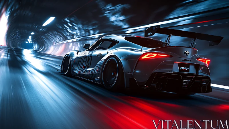 Racing Toyota coupe powers through neon tunnel at speed.