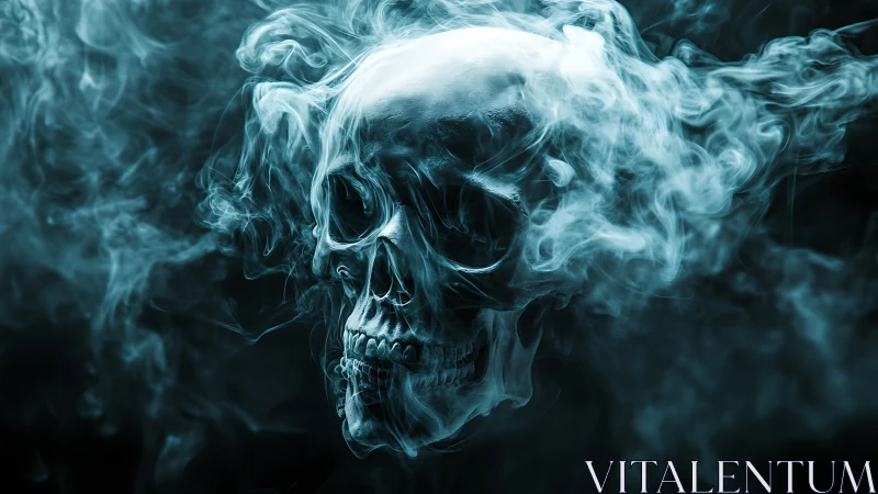 Luminous skull emerges through swirling cyan smoke.