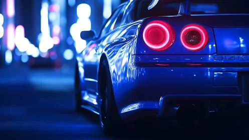 Midnight blue sports car glowing under soft neon lights.