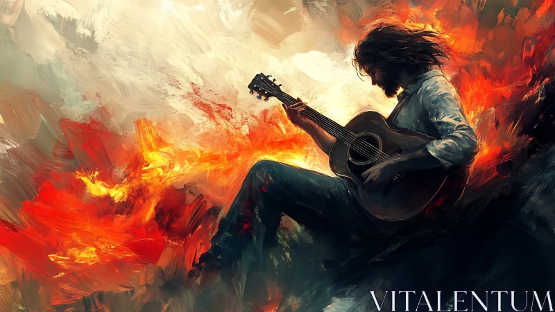 Guitarist sits amid swirling flames in dynamic digital painting