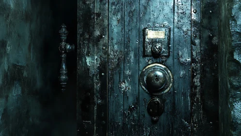 Corroded metal safe door in narrow dim concrete corridor.