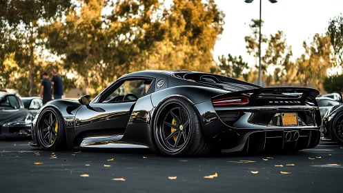 Glossy black Porsche hypercar gleams at sunset meetup.