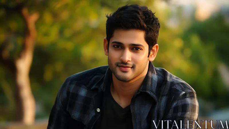 Warm sunset portrait of a relaxed young man outdoors
