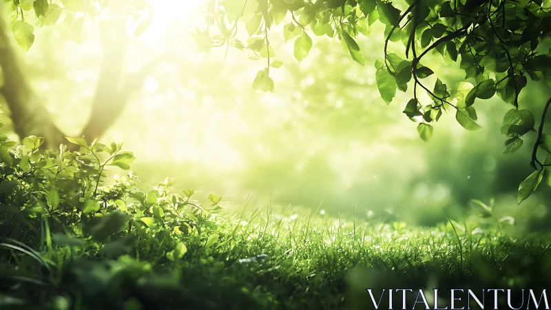 Sunlit Forest Glade with Lush Greenery in Soft Focus Style.
